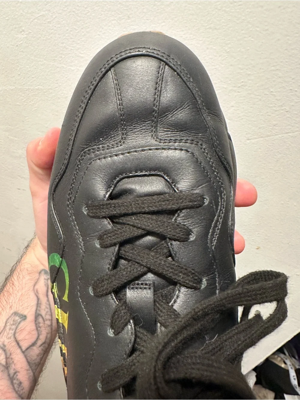 Gucci Black Leather Men's Sneaker with Rainbow Logo Accent 8.5